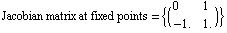 Jacobian matrix at fixed points =  {( {{0, 1}, {-1., 1.}} )}