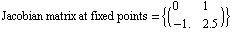 Jacobian matrix at fixed points =  {( {{0, 1}, {-1., 2.5}} )}