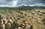 Tres Pistolas Trail View of Manzano Mts. oil by Jeff Potter <p>